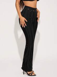 SHEIN SXY Fashionable Personalized Front Hollow Semi-Sheer Straight Leg Long Knitted Pants - Black - View 4