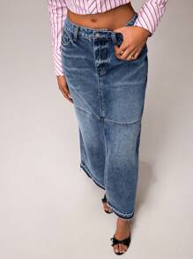 Forever 21 全新 直筒前开衩休闲复古水洗女式长款牛仔 A 字裙 - 藍色 - 查看 3