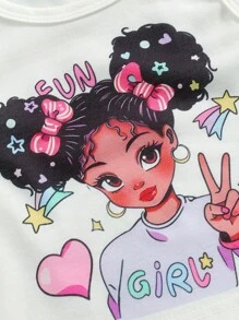 SHEIN 1pc Young Girl Casual Cool Print White Crop Top And Denim Effect Print Long Pants 2 Pieces Set, Summer Young Girls Clothing Young Girls Sets - White - View 4