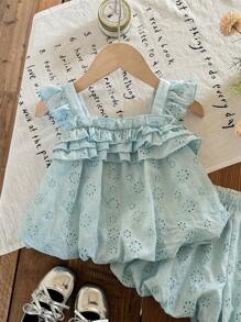 SHEIN LMoss Kids Babygirl schattige zomer vakantie bloemen borduurwerk ruche rand camisole en shorts set