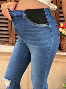 SHEIN 孕妇装蓝色牛仔弹力修身喇叭牛仔裤，春秋季 - 藍色 - 查看 4