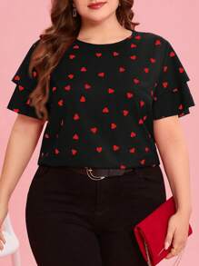 Reflora 大码女式心形印花圆领荷叶边袖衬衫