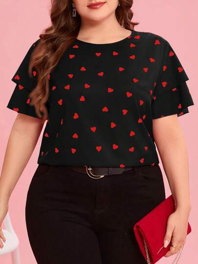 Reflora Plus Size Kvinnors Hjärta Print Rund krage Volanger ärm Blus
