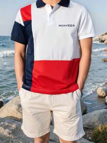 SHEIN Tween-Jungen Poloshirt mit Farbblockdesign, Stehkragen, kurze Ärmel