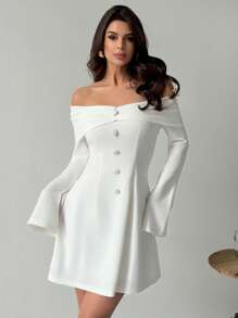 SHEIN Privé New White Off Shoulder Elegant A-Line Peplum Dress With Long Sleeves For Women - White - View 5