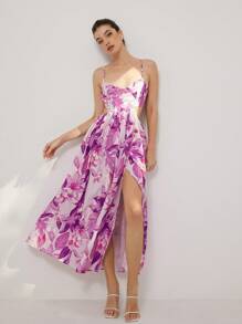 Bloemenprint Cut-Out Taille Split Dij Cami Jurk Vakantie Outfits Vrouw