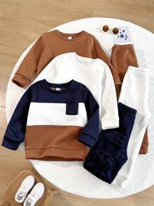 SHEIN 1 Obtén 6 piezas Conjunto de sudadera de cuello redondo de manga larga y pantalón de chándal de cintura elástica para niños pequeños, de unicolor y block de color, adecuado para volver a la escuela, cumpleaños, baby shower, fiesta de vacaciones, otoño/invierno, felpa, engrosado