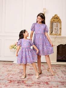 SHEIN Tween Girls Elegant & Sweet Floral Puff Sleeve A-Line Mesh Dress, Purple - Purple - View 5