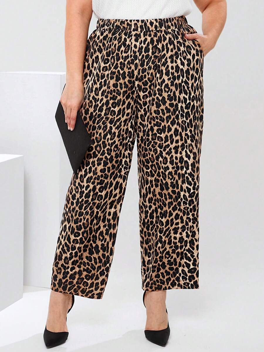 EMERY ROSE Pantalon décontracté à taille élastique avec imprimé léopard et poches pour femmes grandes tailles, pour l'été et le printemps. Élégant et mature. - Multicolore - Voir 1