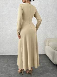 EURMUSE Beige Long Front Detailed Long Going Out Drapy Dress - Beige - View 2