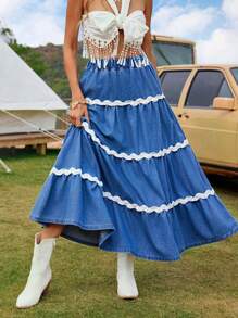 Breezaya 女士休闲假日撞色织带牛仔 A 字裙 - 藍色 - 查看 4