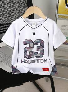 1pc Young Boy Casual V-Neck Camo & Numeric Print Oversized T-Shirt, Daily Wear