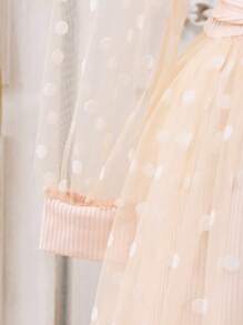 Young Girl Patchwork Polka Dot Mesh Long Sleeve Square Neck Dress,Blush Pink,Autumn,Fairy,Formal,Party,Suitable For Parent-Child Activities,Soft Dress - Apricot - View 5