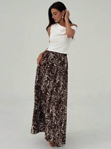 Aloruh Elegant Leopard Print High Waist Maxi A-Line Skirt, Slimming