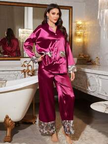 Conjunto de pijama elegante y elegante para mujer con diseño de color en bloque con estampado de paisley - Burdeos - Ver 4