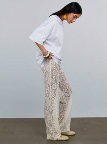 Athîral 女士透明奶油黄色蕾丝直筒裤，海滩/度假/节日风格 - 杏色 - 查看 2