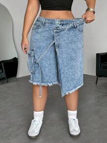 Dripcurv Plus Size Casual Light Blue Washed Asymmetrical Cargo Denim Shorts,Summer Spring Beach Brunch For Women,Spring Break Concert Rave Festival Country - Blue - View 4