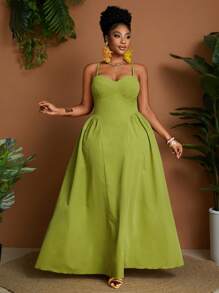 Maweii 大码女式纯色褶饰吊带中长连衣裙，时尚休闲