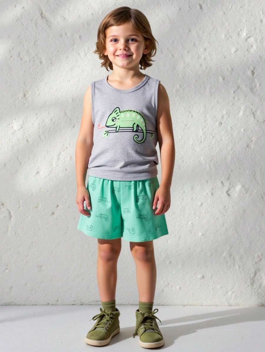 SHEIN 男童简约时尚休闲日常两件套，上衣和短裤 - 彩色 - 查看 1