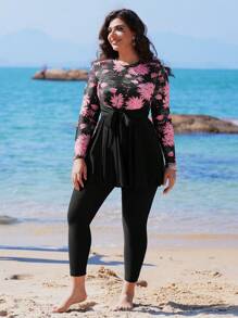 Swim Mulvari 大码女式 2 件装花卉印花连衣裙，腰部蝴蝶结海滩罩衫，端庄泳衣 Burkinis