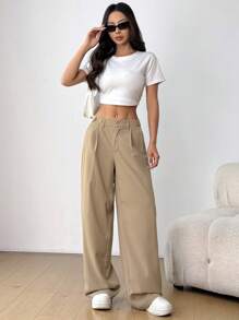 SHEIN EZwear 女士休闲通勤纯色低腰阔腿裤 - 卡其色 - 查看 3