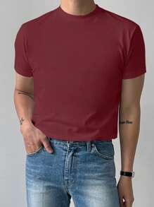 DAZY Áo thun nam tay ngắn màu trơn thường ngày, mùa hè - Đỏ - Xem 3