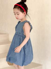 DAZY Vestido de mezclilla de manga corta y cuello redondo para niñas, conjunto de ropa de verano para niñas - Azul lavado medio - Ver 2