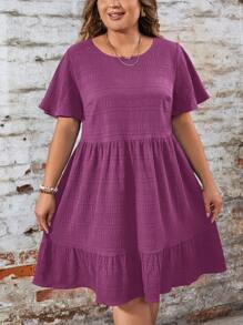 SHEIN LUNE Plus Size Women Solid Color Round Neck Ruffle Short Sleeve Ruffled Hem Casual Dress - Red Violet - View 6