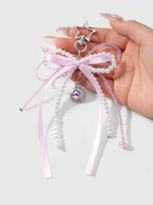 ROMWE Kawaii 1 件甜美优雅时尚手工串珠白色仿珍珠水晶水钻蝴蝶结星月心形吊坠钥匙扣，适合女孩/女士日常佩戴、节日礼物 - 粉色 - 查看 2