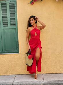 Chiquease Solid Color Chiffon Halter Slit Maxi Red Dress For Women, Summer - Red - View 4