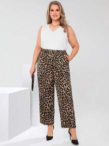 EMERY ROSE Pantalon décontracté à taille élastique avec imprimé léopard et poches pour femmes grandes tailles, pour l'été et le printemps. Élégant et mature. - Multicolore - Voir 4