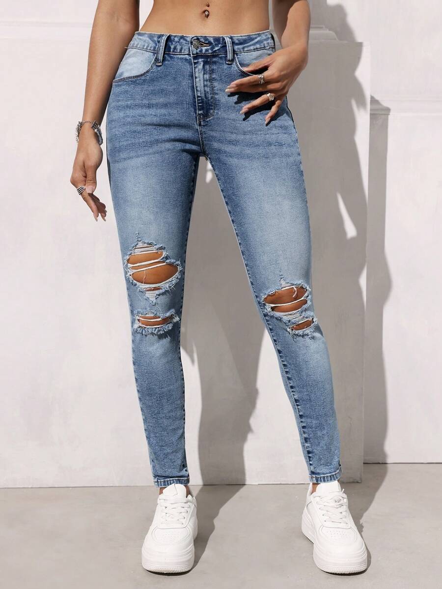 SHEIN EZwear Quần Jeans Skinny Túi Rách Thường Ngày Đa Năng Cho Nữ - Rửa trung bình - Xem 1