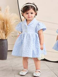 SHEIN Leap Crew Baby Girl Summer Cute Textured Blue Short Sleeve Collared Dress, Formal - Baby Blue - View 2