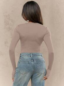 MISSGUIDED Body de manga larga cuello redondo de punto - Camel - Ver 2