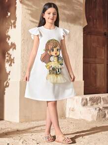 SHEIN Tween Girls 纯色编织圆领可爱女孩印花荷叶边连衣裙，适合春季出游、乡村风格、花园下午茶、休闲外出、返校 - 白色 - 查看 5
