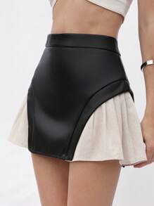 Aveloria Niche Design Biker Punk Romantic Elegant Versatile Retro Precise Asymmetrical PU Leather Patchwork Pleated A-Line Skirt For Women - Multicolor - View 6