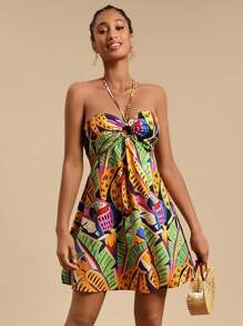 Travachic Woven Print Halter Cutout Design Women Mini Dress - Multicolor - View 7