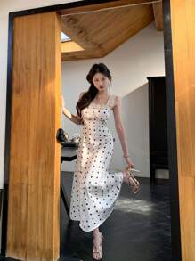 DAZY 女士夏季蕾丝波点吊带蝴蝶结中长连衣裙，挤奶女工连衣裙，吊带长裙 - 杏色 - 查看 8