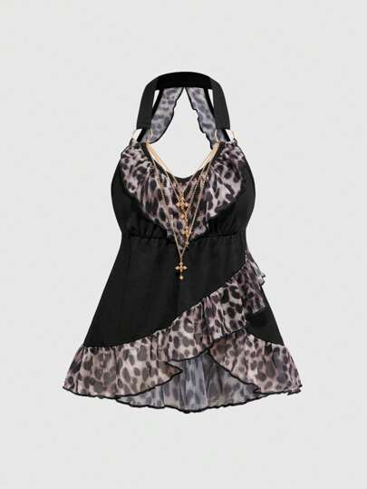 Grunge Punk Débardeur grande taille Y2K Style Harajuku Chic avec décoration en métal en croix, patchwork et imprimé léopard