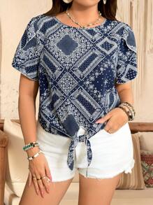 SHEIN LUNE 大码女式碎花圆领短袖休闲衬衫女式春季女式夏季女式复活节女式西部装女式夏季度假 - 彩色 - 查看 1