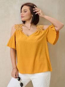SHEIN Clasi Plus Size Women's Splice Lace Open Shoulder Ruffle Short Sleeve Elegant Blouse - Yellow - View 7