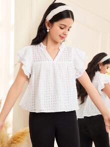SHEIN Tween Girl Holiday Casual Fashion V-Neck Ruffle Sleeve Blouse - White - View 4