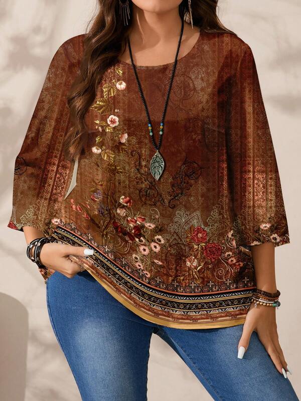 EMERY ROSE Blusa Solta com Estampa Completa, Decote Redondo, Manga 3/4 para Mulheres Plus Size, Adequada para Primavera e Outono