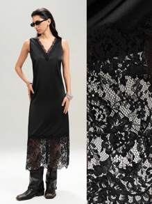 LYSMO 女式 V 领蕾丝中长连衣裙 - 黑色 - 查看 5