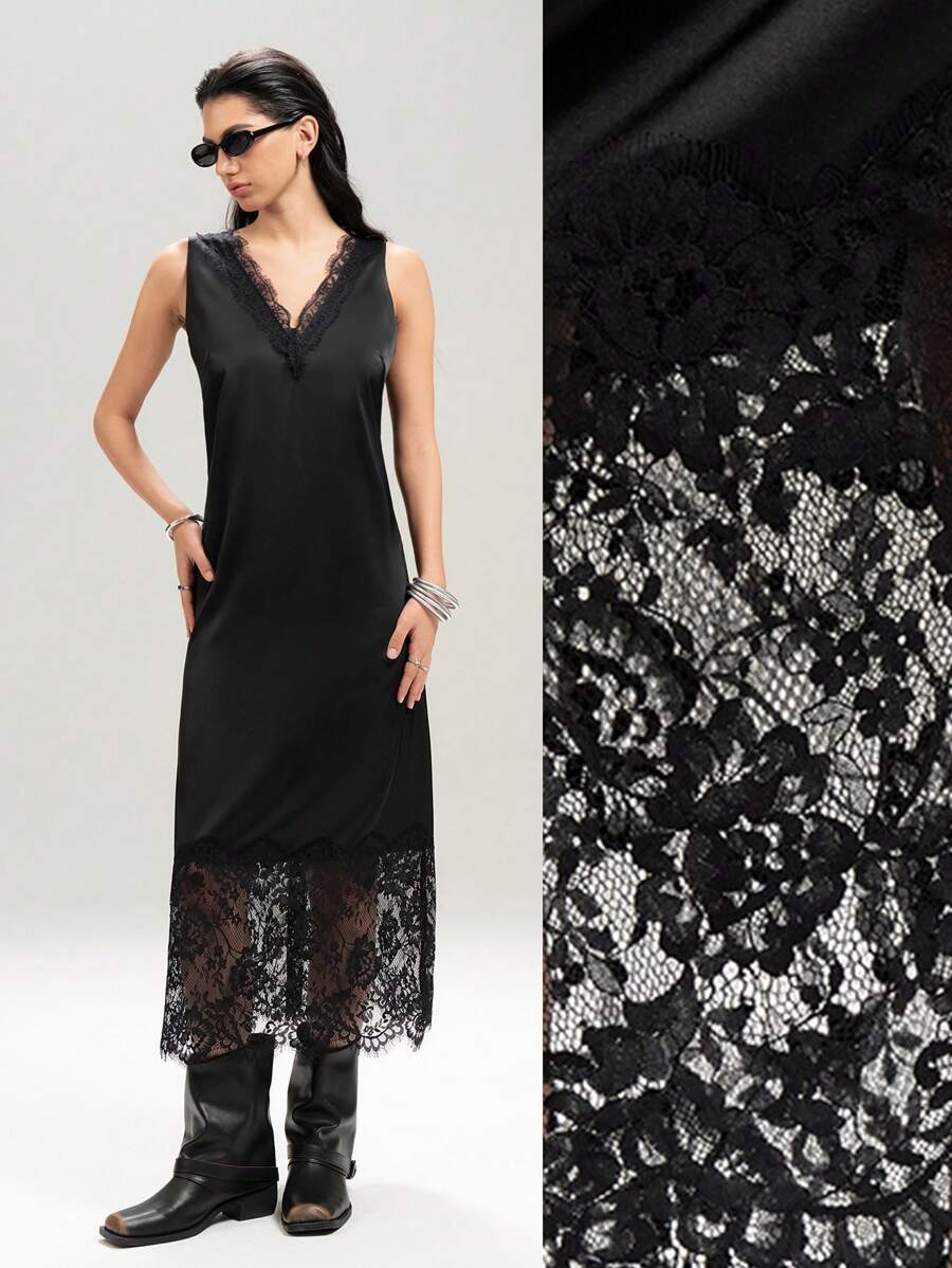 LYSMO Chic Plus Size Black Midi Dress Satin With Delicate Lace Trim Sleeveless Slip Design - Black - View 1