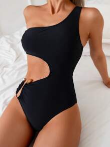 Swim Chiccia 1 件女式性感休闲优雅复古纯色单肩镂空露背金属 U 形环装饰连体泳衣，春假 - 黑色 - 查看 8