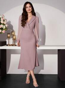 Modelyn Damen entworfenes Mini-Kleid mit Mandarinkragen und Laternenärmeln mit Schlitz - Pink - Übersicht 1