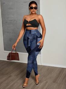 Slaydiva Plus Size Casual Minimalist Full Print Denim Effect Pattern Leggings Suitable For Going Out