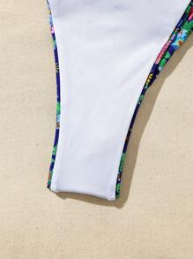 SHEIN Swim 女士性感系带比基尼套装，抹胸上衣和三角形下装，带有彩色花卉图案，非常适合海滩度假 - 彩色 - 查看 4