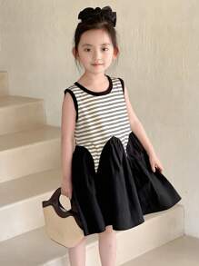 Dazy Kids 年轻女孩条纹无袖休闲简约时尚日常连衣裙，女孩夏季服装 - 黑與白 - 查看 1